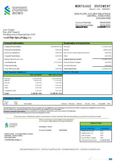 Download Hong Kong Standard Chartered Bank bank mortgage statement scr Photoshop template